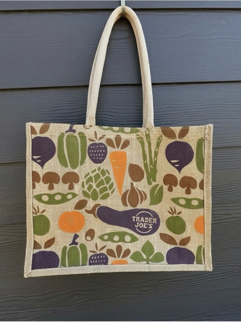 Trader Joe’s Limited Edition Vegetable Print Jute Burlap Market Tote